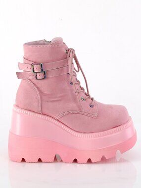 B. Pink Vegan Suede Ankle Boots with Double Buckled Ankle Straps